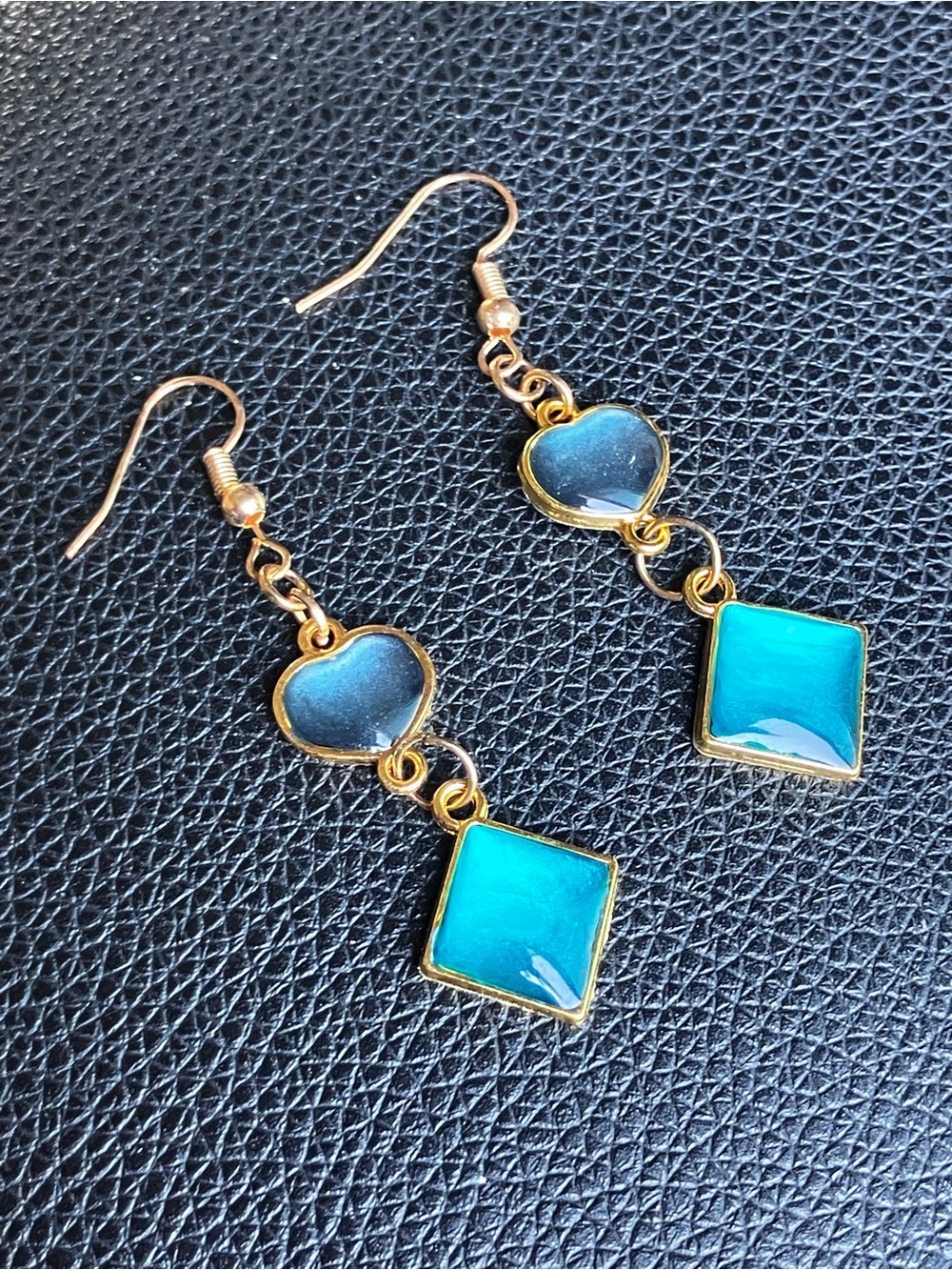 Teal and Silver heart dangle earrings with gold accent - Picture 3 of 8